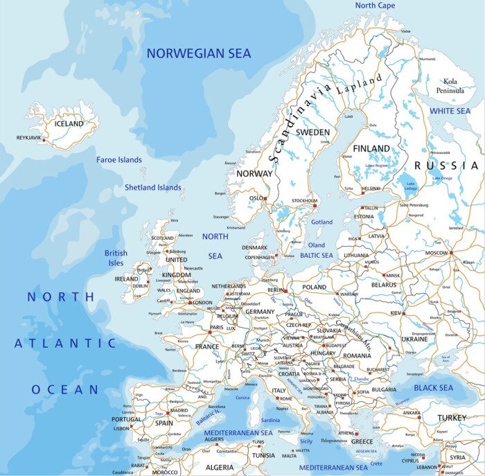 Sticker Hoge gedetailleerde wegenkaart met Europa etikettering.