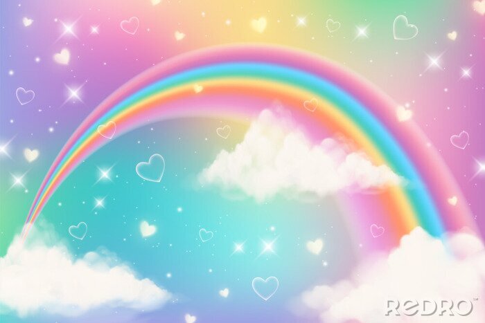 Sticker Holographic fantasy rainbow unicorn background with clouds. Pastel color sky. Magical landscape, abstract fabulous pattern. Cute candy wallpaper. Vector.