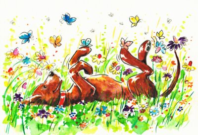 Sticker Hond in de wei met vlinders en bloemen