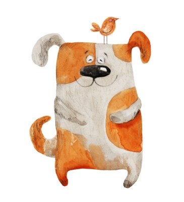Sticker Hond lachend met vogel. illustratie van de waterverf