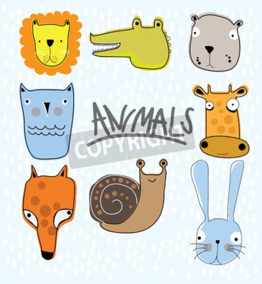 Sticker Hoofden van verschillende dieren die doen denken aan kindertekeningen