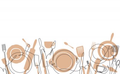 Sticker Horizontal Cooking Pattern. Background with utensils. Continuous line drawing. Vector illustration. 