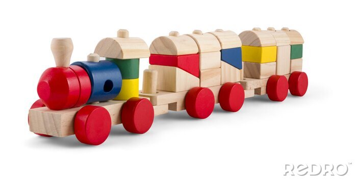 Sticker Houten speelgoed trein met kleurrijke blokken geïsoleerde over wit