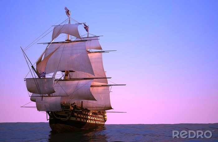 Sticker Houten zeilschip tegen de achtergrond van de zonsondergang