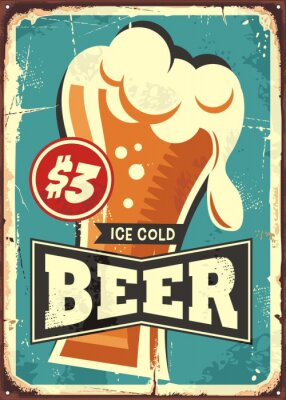 Sticker Ice cold beer vintage metal sign for drink bar, cafe, pub or restaurant. Beer glass on old rusty texture and blue background. Retro vector poster illustration.