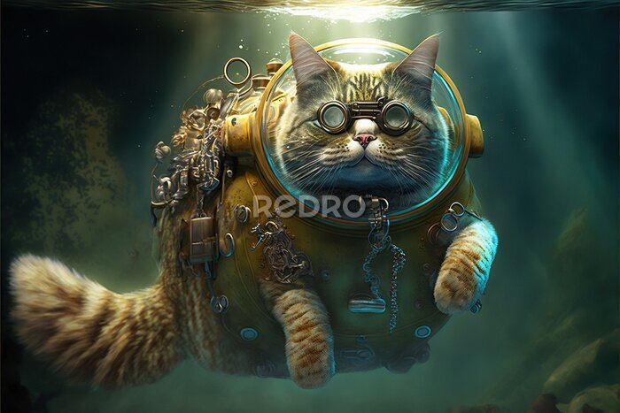 Sticker illustrata scuba diving steampunk cat swimming in the ocean illustration generative ai
