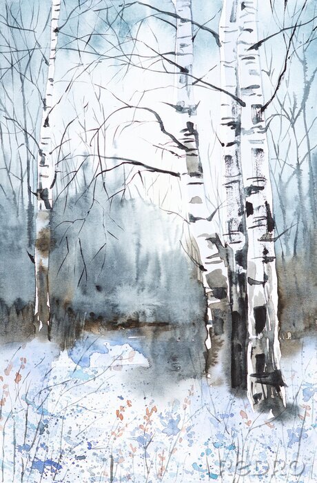 Sticker Illustratie met berken en gele bladeren