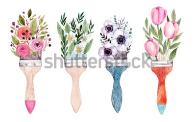 Sticker Illustratie met bloemen op penselen
