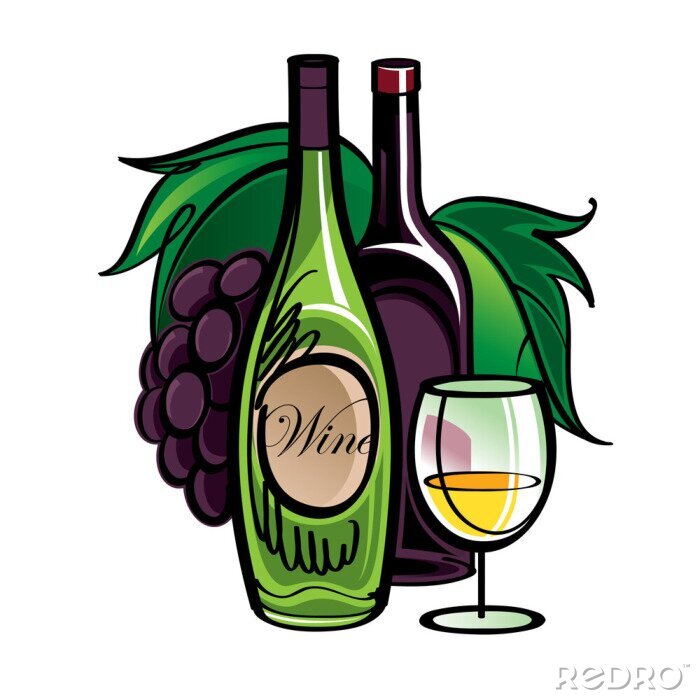 Sticker Illustratie met een fles en glazen wijn