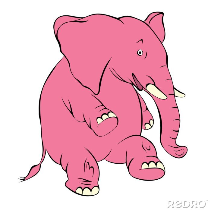 Sticker Illustratie van een vrolijke roze olifant. De olifant kosten op een achterpoot en glimlacht