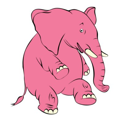 Sticker Illustratie van een vrolijke roze olifant. De olifant kosten op een achterpoot en glimlacht