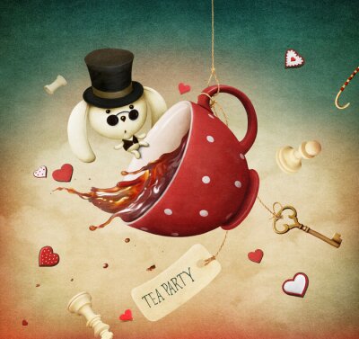 Sticker Illustratie van fantasie met rode kop thee en konijn