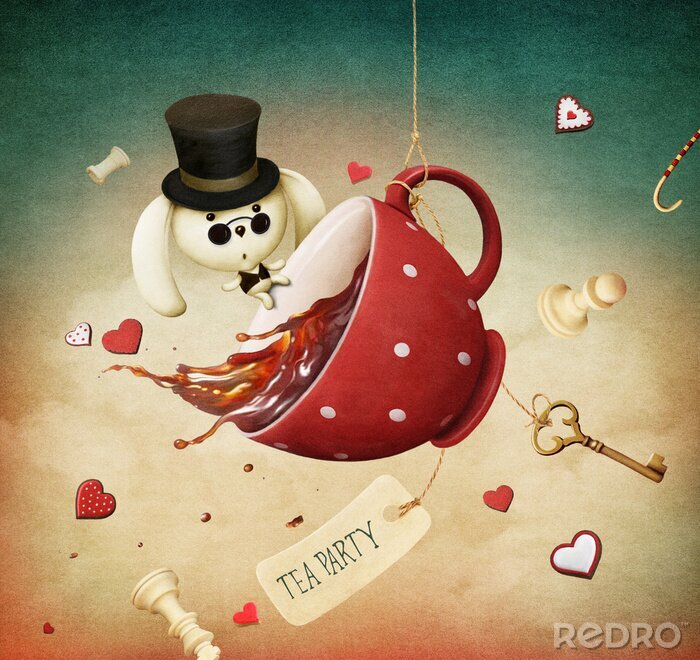 Sticker Illustratie van fantasie met rode kop thee en konijn