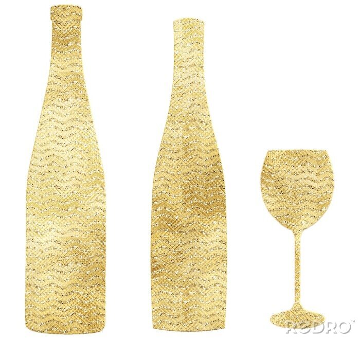 Sticker Illustration of gold wine bottles and glass on a white background