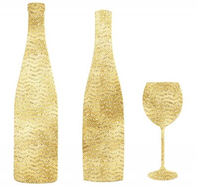 Sticker Illustration of gold wine bottles and glass on a white background