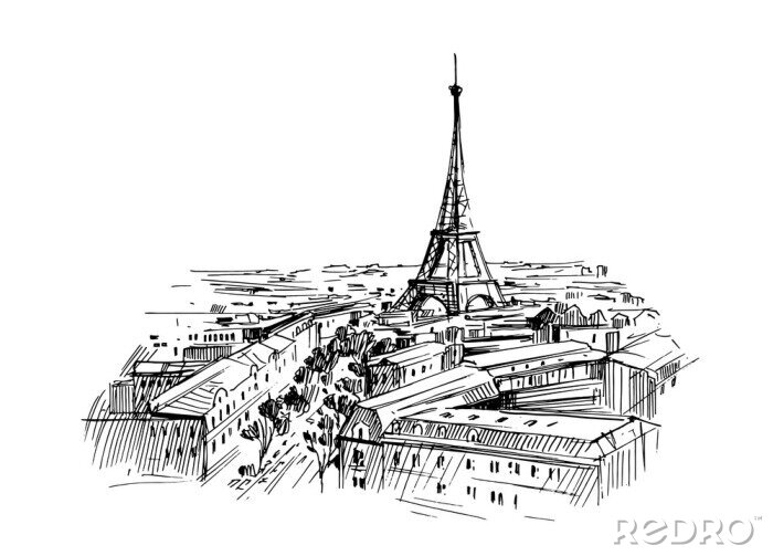 Sticker Illustration of paris with eiffel tower. Hand drawn ink sketch converted to vector.