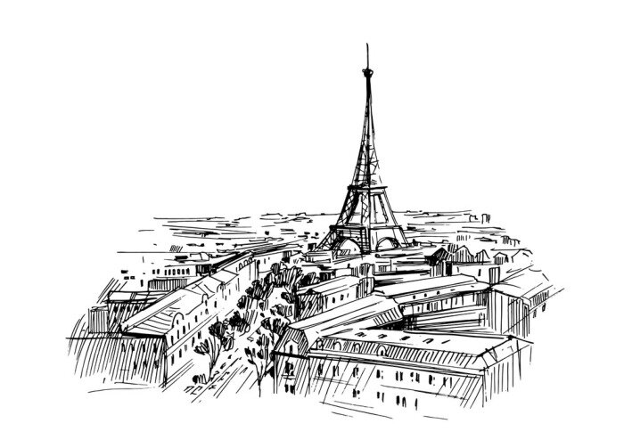 Sticker Illustration of paris with eiffel tower. Hand drawn ink sketch converted to vector.