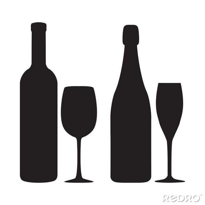 Sticker Illustration of siluettes of bottles and glasses of wine and sha