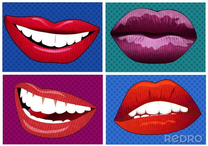 Sticker illustration set of icons in pop art style lips