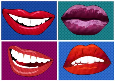 Sticker illustration set of icons in pop art style lips