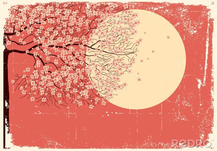 Sticker Image Sakura tree.Grunge stromende