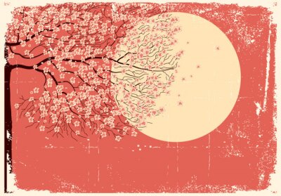 Sticker Image Sakura tree.Grunge stromende
