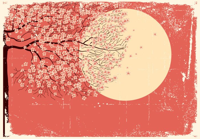 Sticker Image Sakura tree.Grunge stromende
