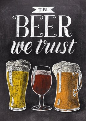 Sticker In beer we trust hand drawn lettering with beer glasses on black chalkboard background. Vintage food illustration.