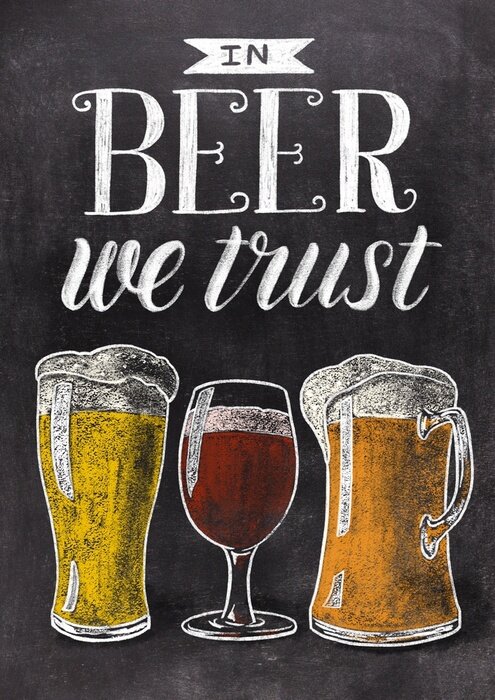 Sticker In beer we trust hand drawn lettering with beer glasses on black chalkboard background. Vintage food illustration.