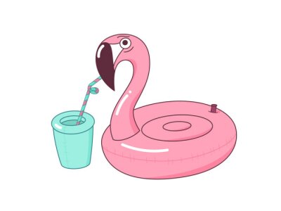 Sticker Inflatable cute pool toy. Pink rubber flamingo.