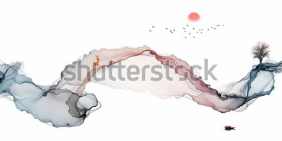 Sticker Inkt schilderij, artistiek landschap, abstracte lijnen achtergrond