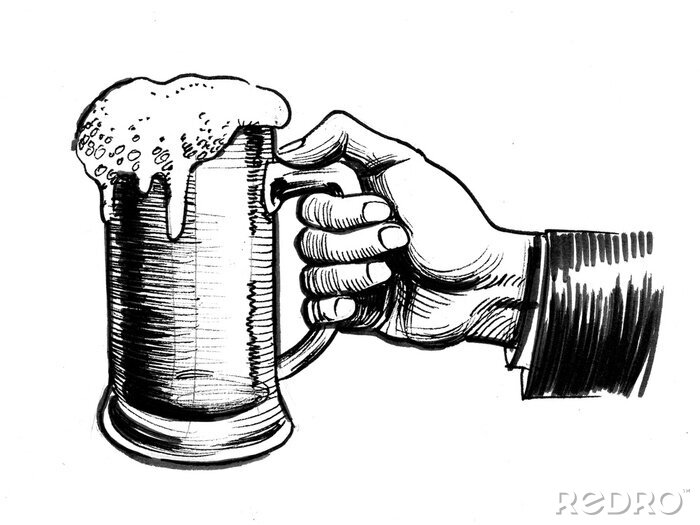 Sticker Inkt zwart-witte tekening van een hand die een biermok houdt