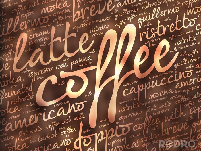 Sticker Inscripties op een bruine achtergrond over koffie