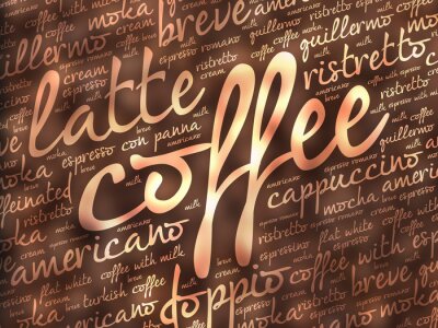 Sticker Inscripties op een bruine achtergrond over koffie