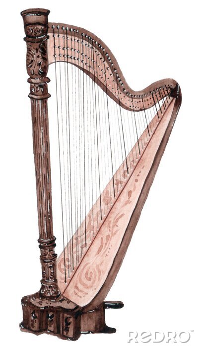 Sticker Instrument van waterverf het muzikale die koorden, harp op witte achtergrond wordt geïsoleerd