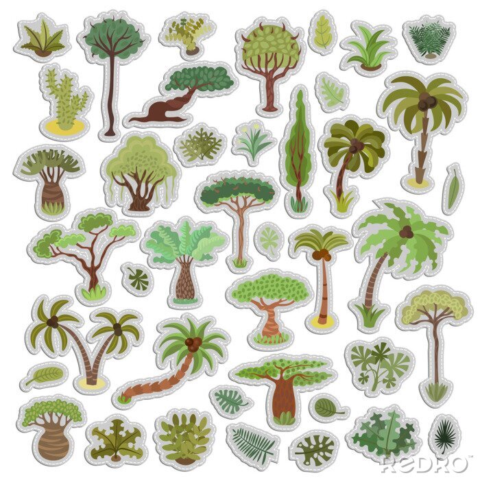 Sticker Inzameling van tropische bomenstickers, palmen en andere tropische uitheemse gewassen, reeks van de sticker de vectorillustratie. Regenwoud jungle bomen, planten, struiken, bladeren, paradijs badplaat