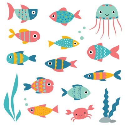 Sticker Isolated fishes, cartoon elements set