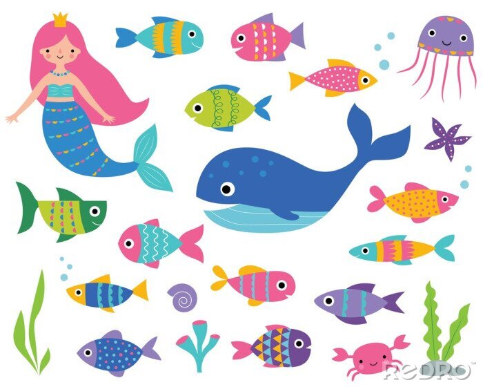 Sticker Isolated set  with a mermaid, a whale, fishes and underwater elements