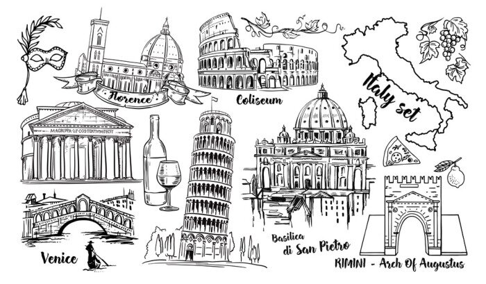 Sticker Italië landmark vector schets set. Colosseum, bruggen Venetië, toren Pisa, Vaticaan, Rimini, Boog Augustus, Santa Maria del Fiore, Florence