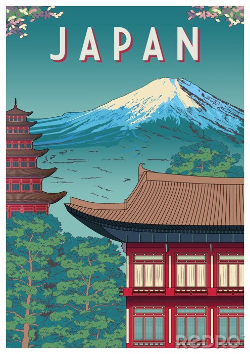 Sticker Japan Travel Poster with Temple in the first plan and mountain in the background.