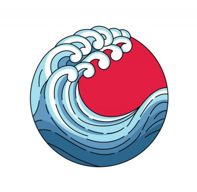 Sticker Japan wave in red sun logo. Japanese oriental style vector art illustration. Vector Japan wave in red circle of the sun. Linear style outline logo. Asian ocean blue wave.