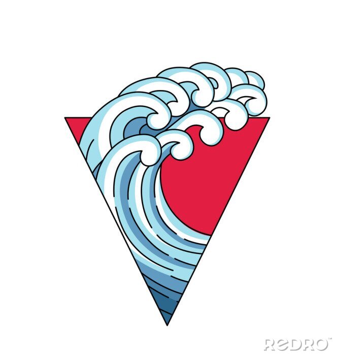 Sticker Japan wave in triangle red sun logo. Japane oriental style vector art illustration. Vector Japan wave in red triangle. Linear style outline logo. Asian, chinese ocean blue wave trigon logo.