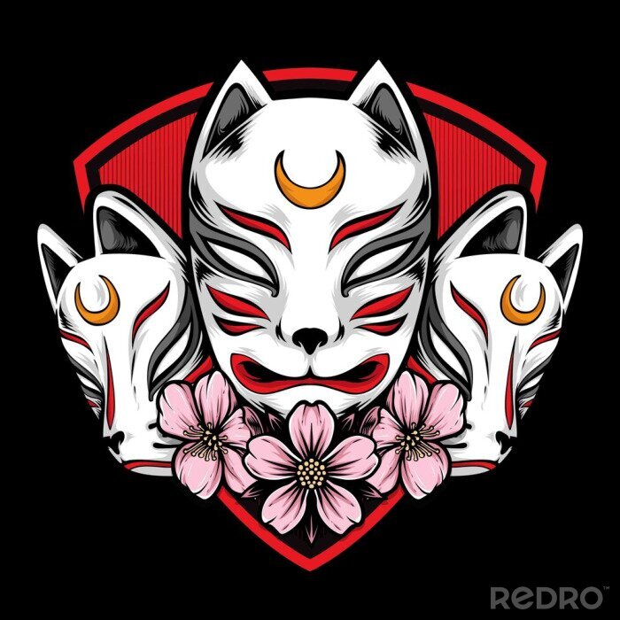 Sticker japanese kitsune mask vector logo
