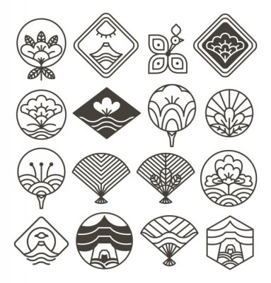 Sticker Japanese Monochrome Icons Set with Ethnic Motifs