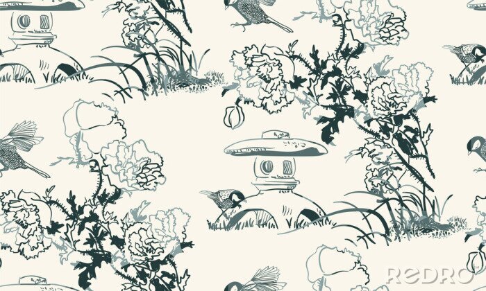 Sticker Japans oosters landschap met vogels