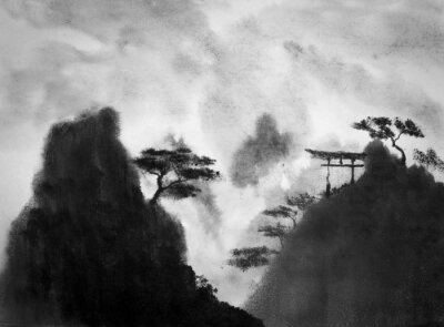 Sticker Japanse bergen en tuinmeubelen