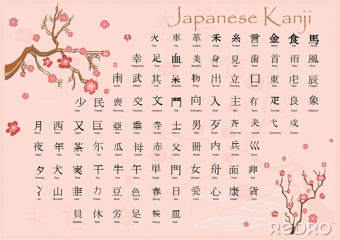 Sticker Japanse kanji met betekenissen.
