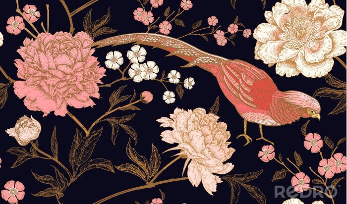 Sticker Japanse oosterse stijl met vogels en bloemen