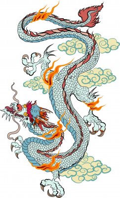 Japanse oude Dragon sticker op zwarte achtergrond. Chinese draaktatoegering. Traditionele Aziatische tattoo de oude draak vector.