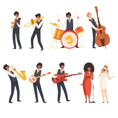 Sticker Jazz Band Group, Musicians Singing and Playing Trumpet, Banjo, Saxophone, Trombone, Drums, Guitar, Double Bass, Vector Illustration